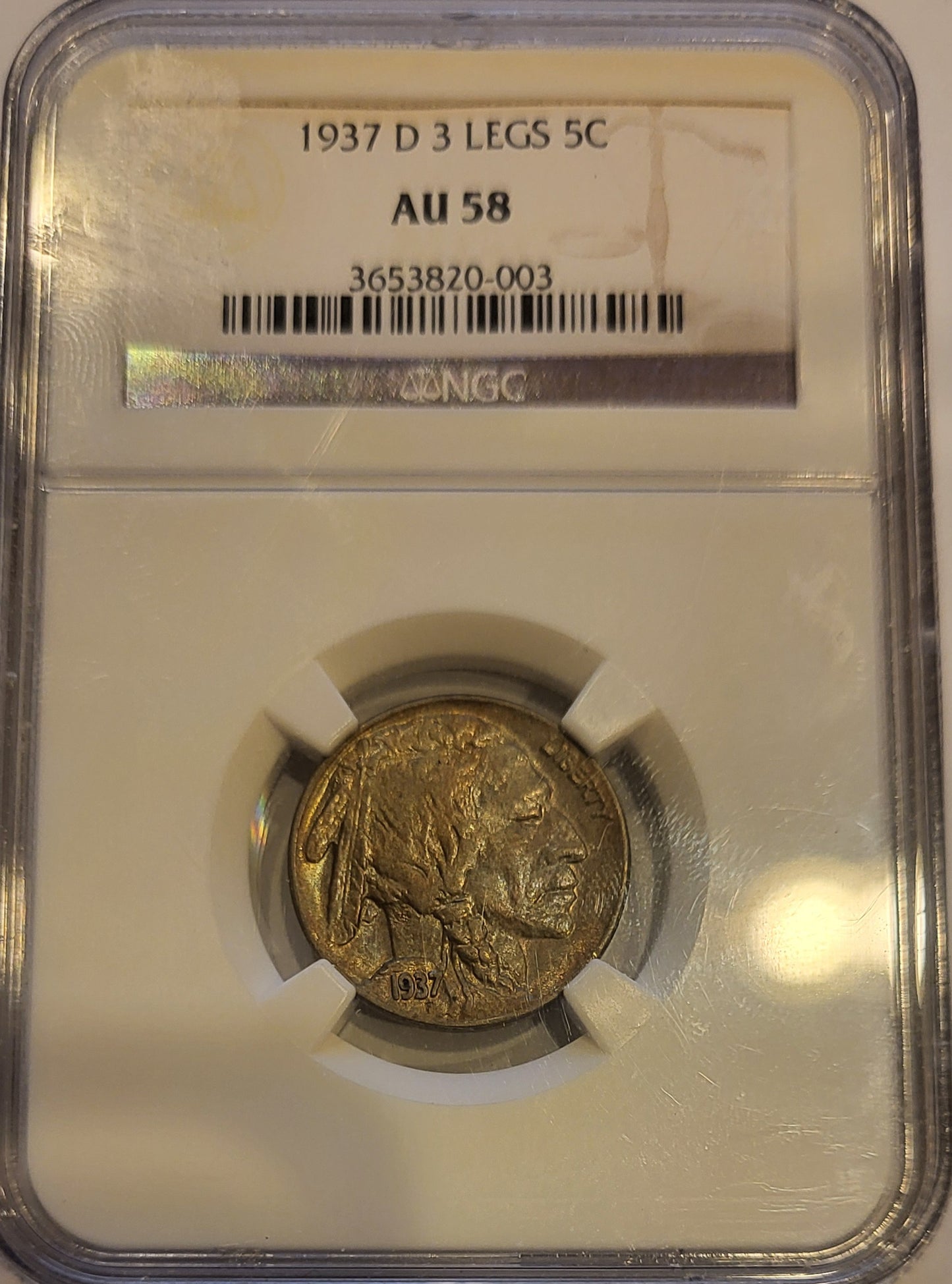 1937-D 3 Legs 5c NGC AU 58