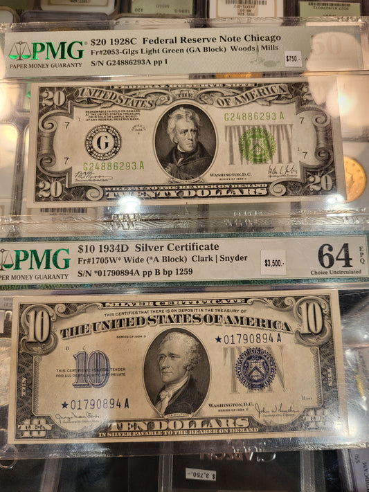 US currency 1934D silver cert and 1928C Fed reserve bank note